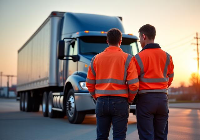 B&J Hotshot Hauling team standing professionally with their modern flagship truck in Fort Wayne