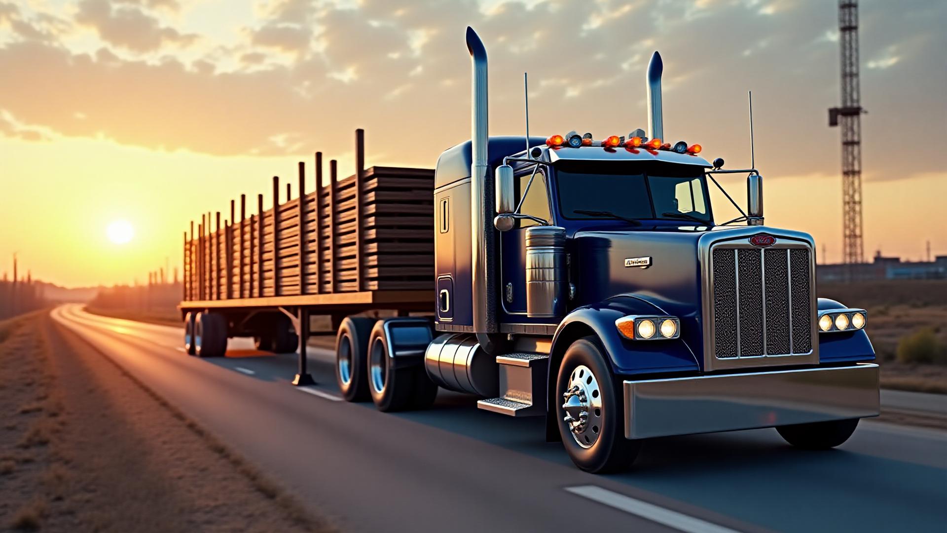 B&J Hotshot flatbed truck delivering heavy steel beams at a Fort Wayne construction site