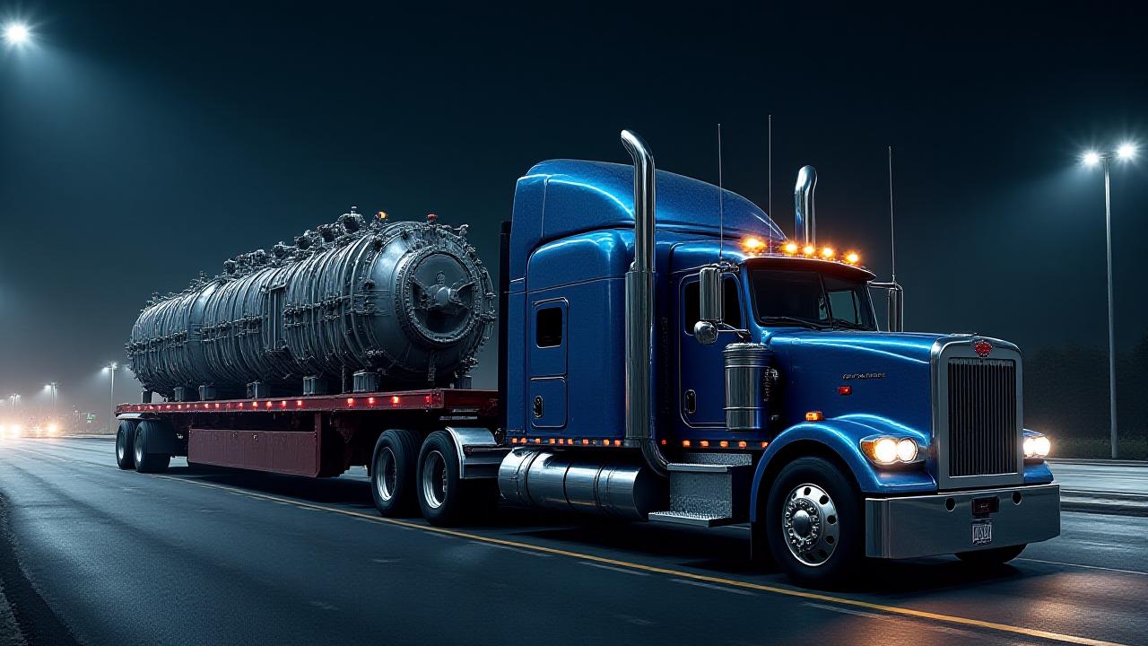 Heavy haul truck carrying a massive industrial generator on an RGN trailer