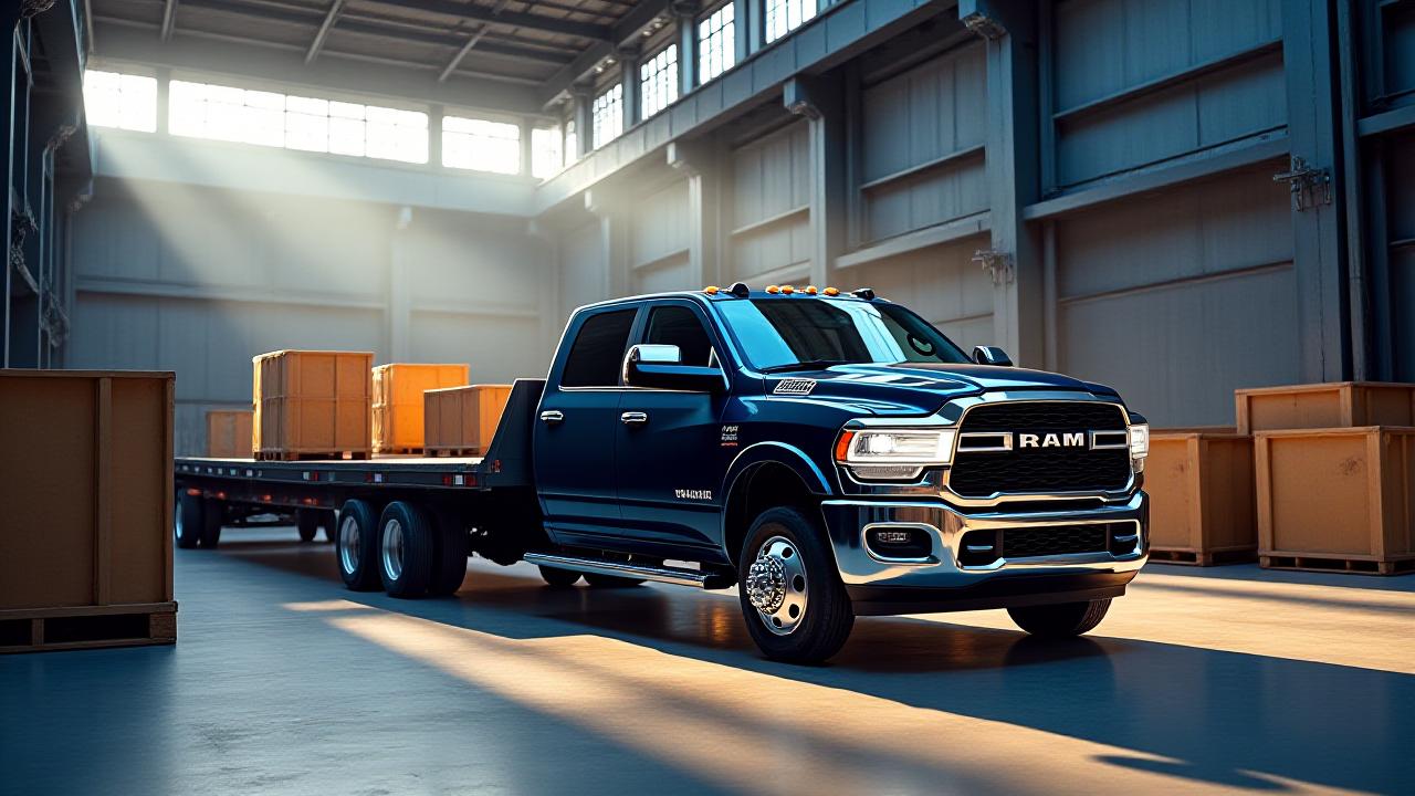 A heavy-duty Ram 3500 hot shot truck with a 40ft gooseneck trailer being loaded at a professional warehouse.